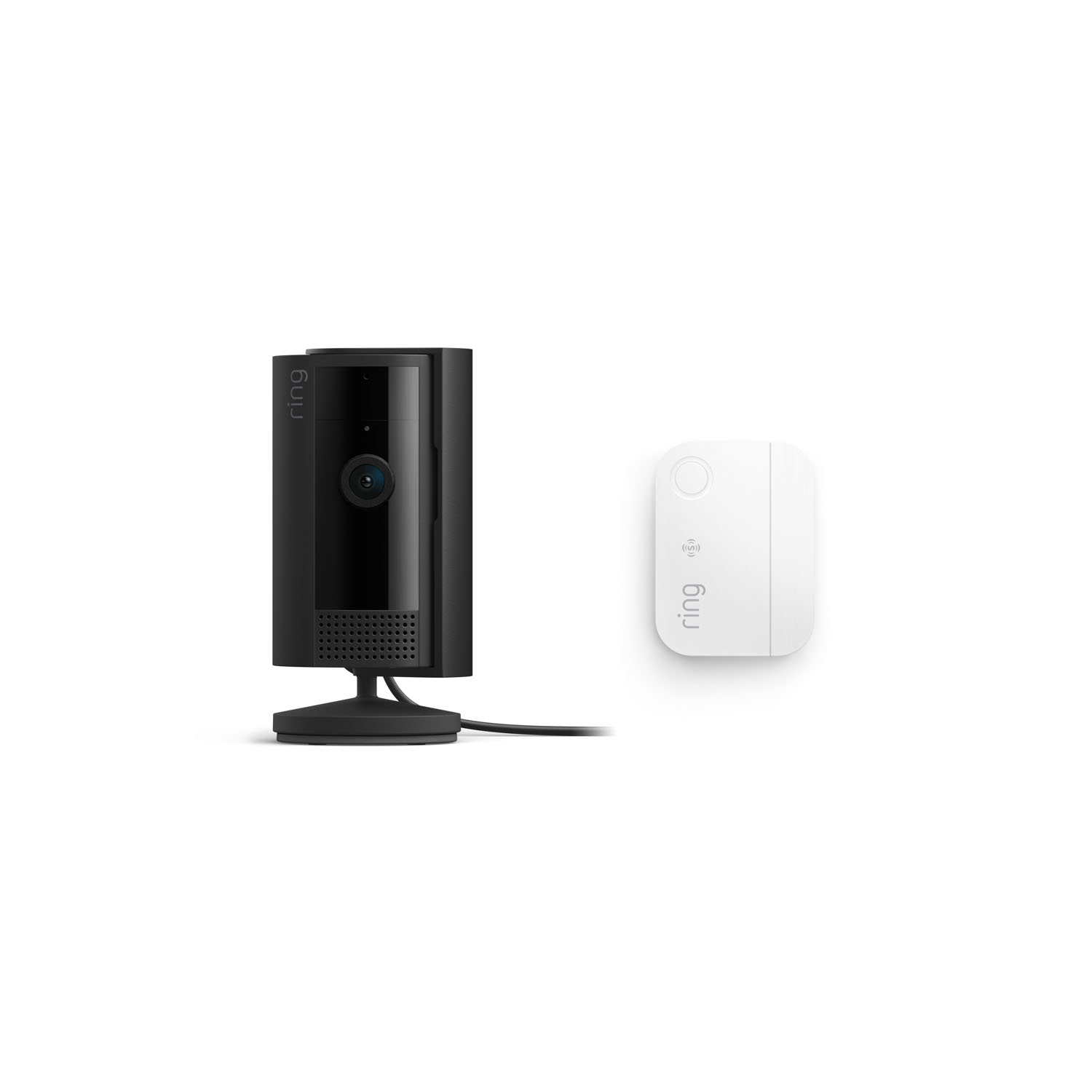 Indoor Cam (2nd Gen) + Window and Door Sensors (Newest Model) - Black Ring indoor camera next to white Ring sensor on white background.