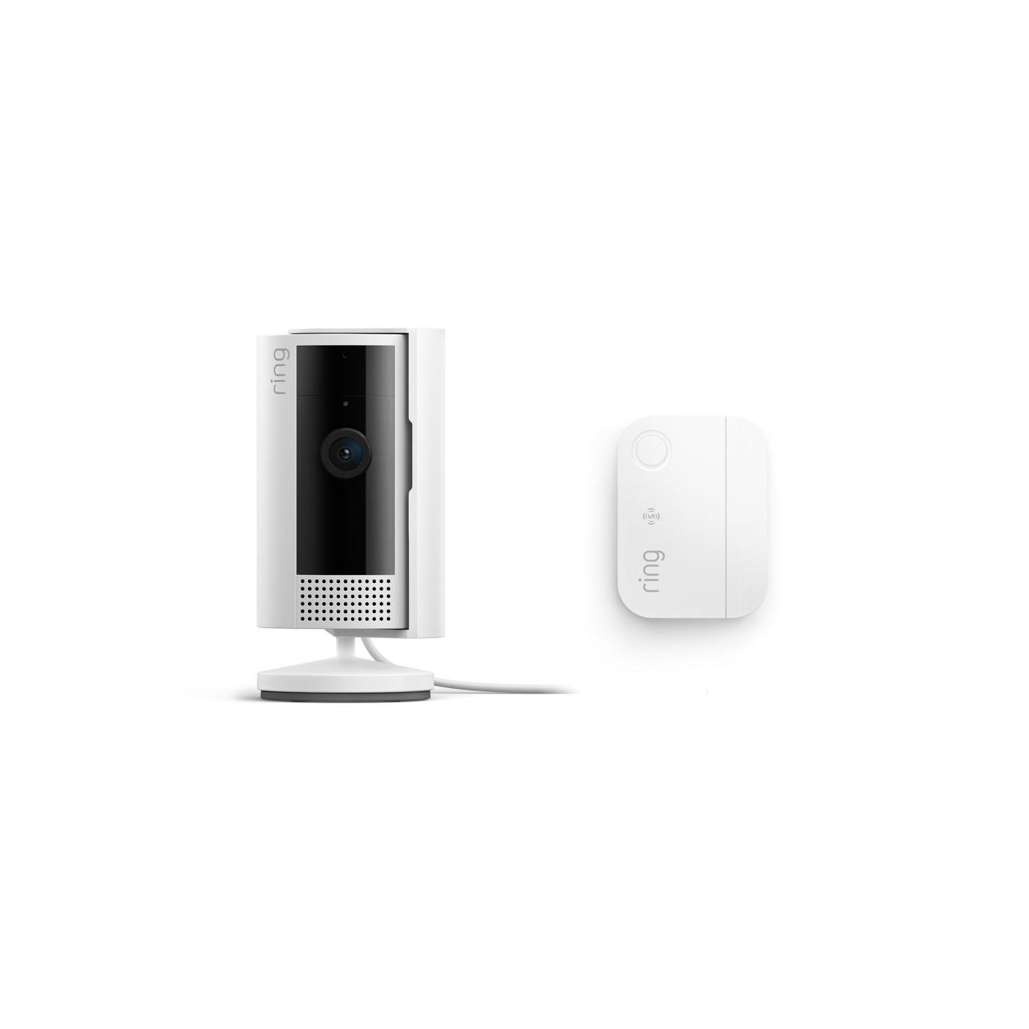Indoor Cam (2nd Gen) + Window and Door Sensors (Newest Model) - White Ring Indoor camera with black lens displayed next to a Ring sensor on white background.