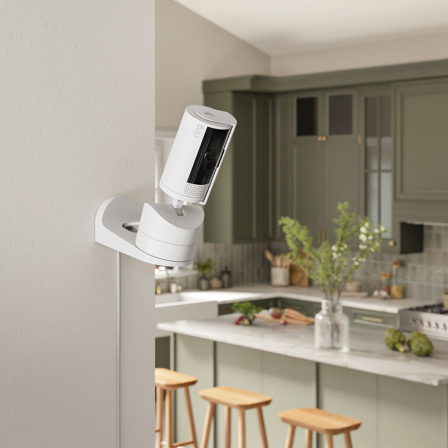 Pan-Tilt Indoor Cam  - Ring camera attached to wall with plant in background for Pan-Tilt Indoor Cam.