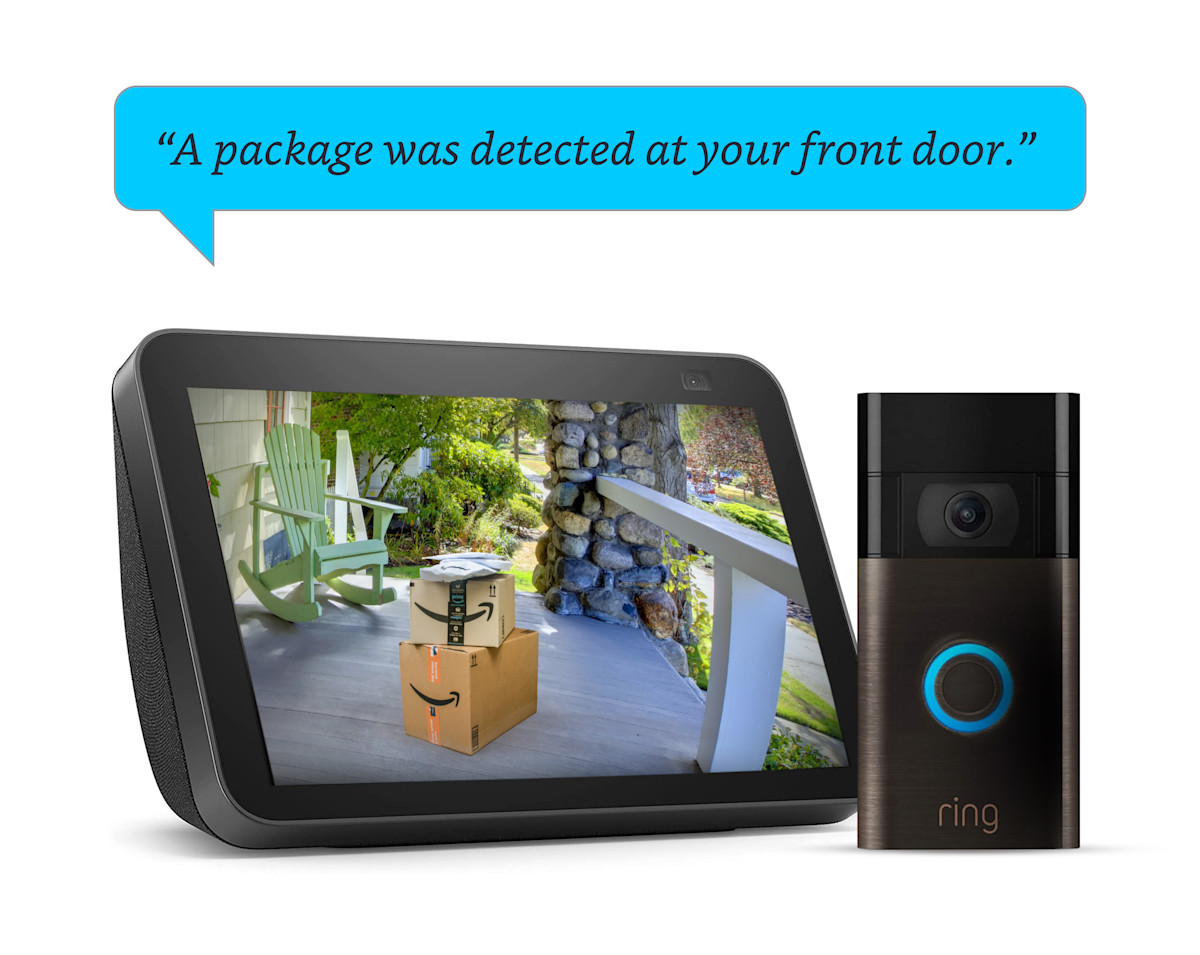 Echo Show 10 behind a Video Doorbell, the screen shows two packages at the front door and an audio notification that says A package was detected at your front door