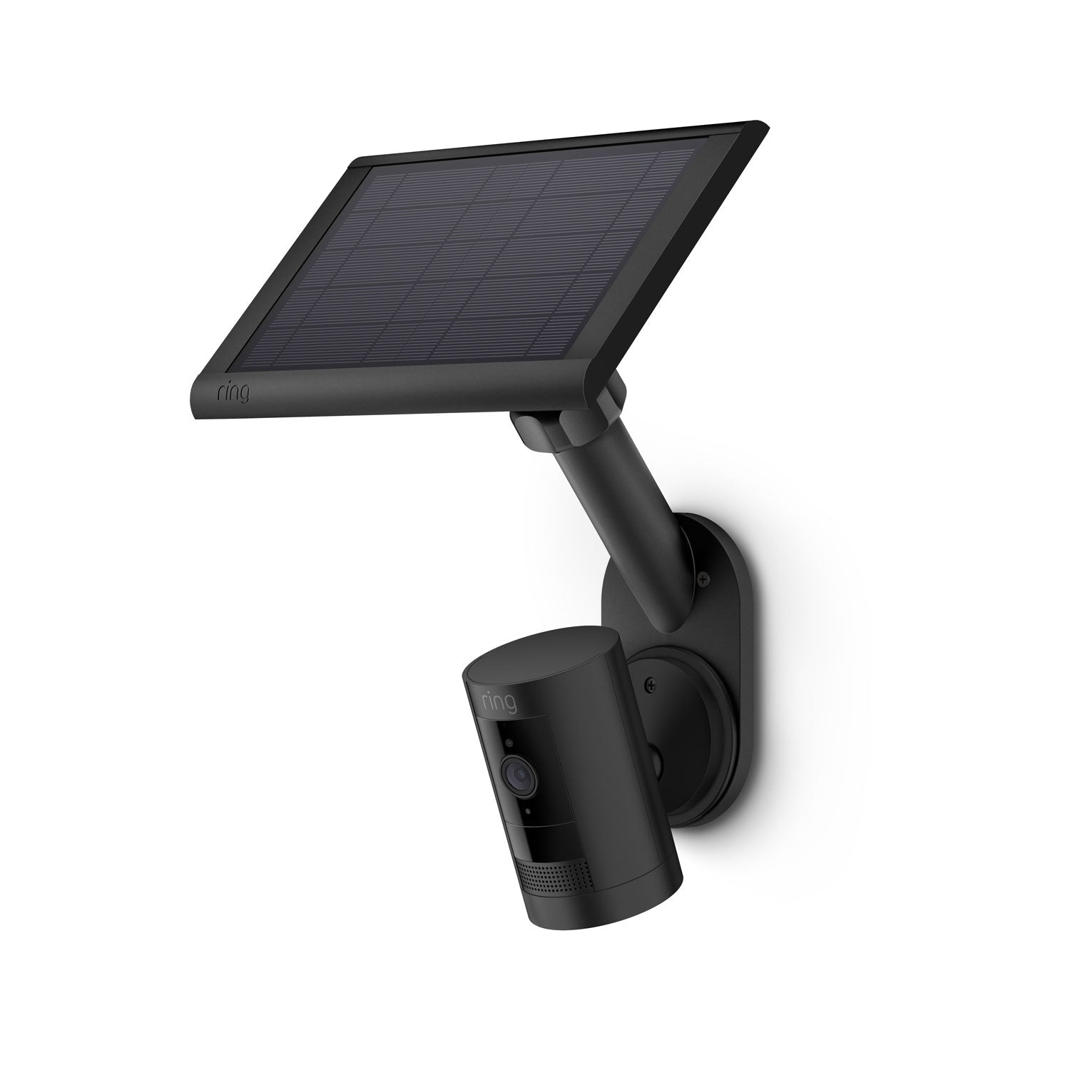 Wall Mount for Solar Panels and Cameras - Black Wall Mount for Solar Panels and Cameras with adjustable arm with White Ring Solar Panel and camera attached below.