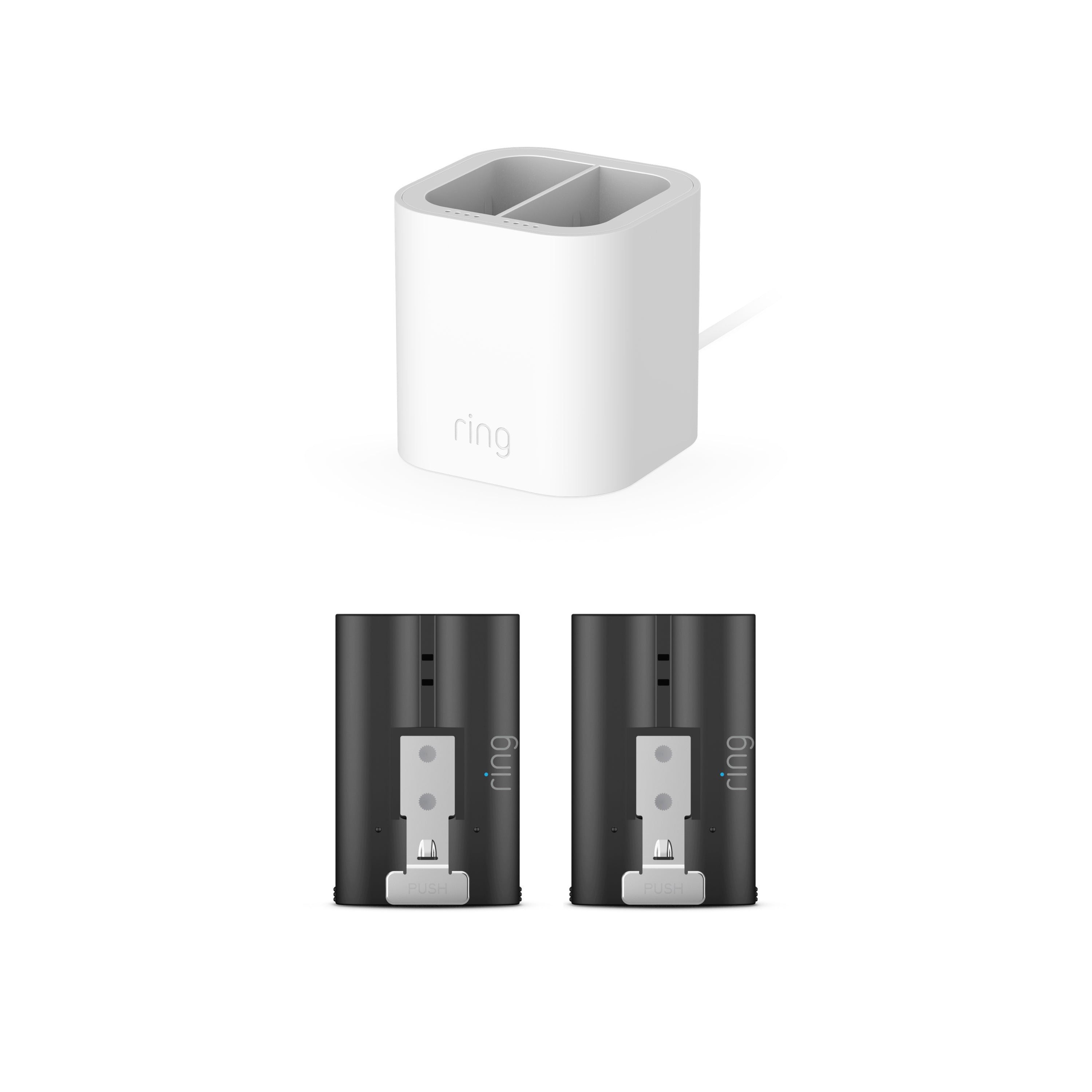 Charging Station + 2 Quick Release Battery Packs - Ring Charging Station and two Quick Release Battery Packs shown on a white background.