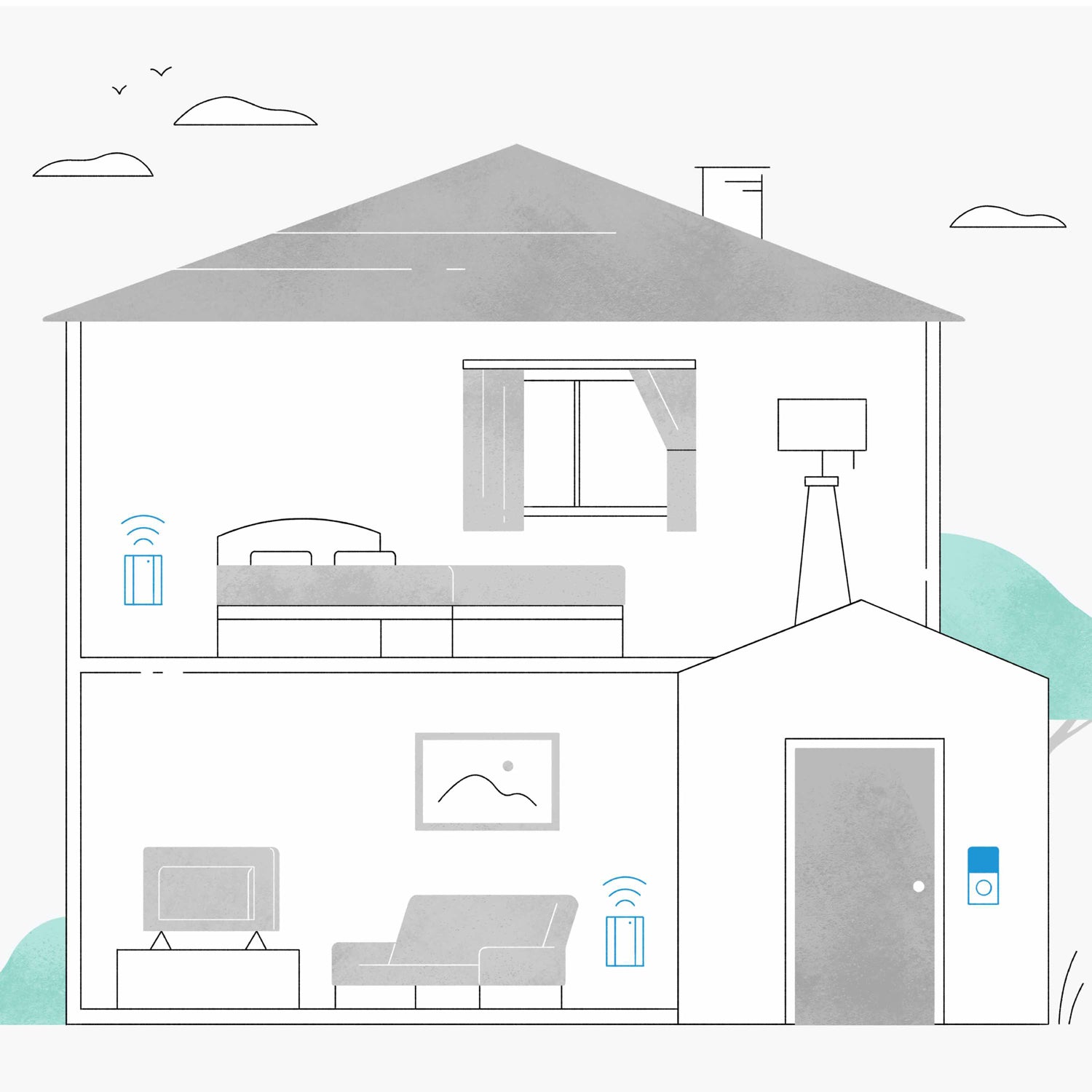 Chime Pro (Certified Refurbished) - Two-story home cutaway showing connected Ring Chime Pro devices throughout the home.