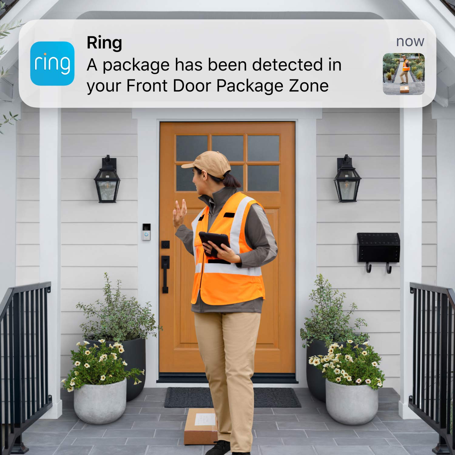 Battery Doorbell Plus (Video Doorbell) (Certified Refurbished) - Delivery person by a front door next to package on the ground. Ring App alert shows package detected in Package Zone.