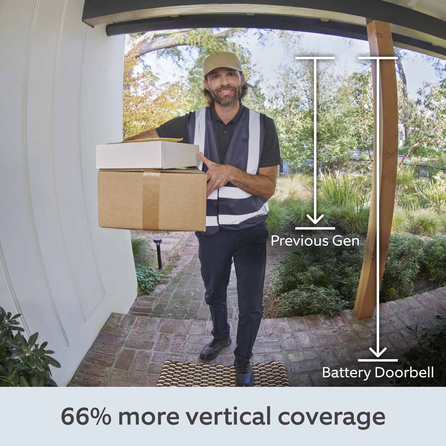 Battery Doorbell (Certified Refurbished) - Delivery person holding packages, shown in Ring Battery Doorbell's wide view.