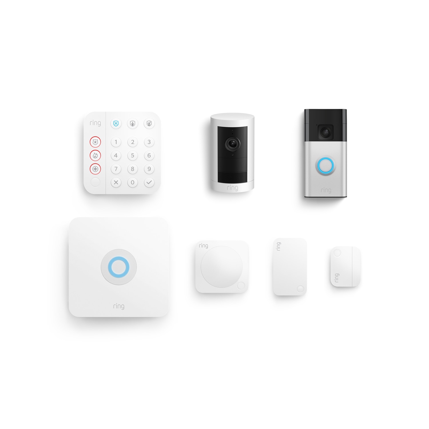 Whole Home Basic Kit (Outdoor Cam Plus Battery + Battery Doorbell + Alarm Security Kit, 5-Piece) - Satin Nickel + White