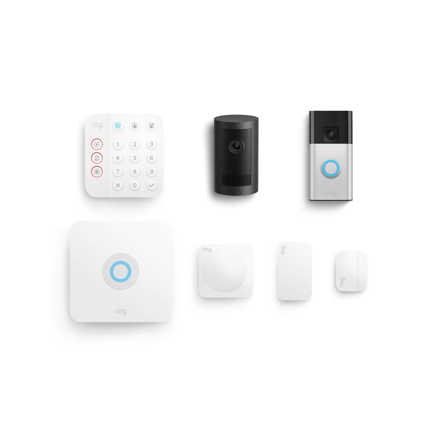 Whole Home Basic Kit (Outdoor Cam Plus Battery + Battery Doorbell + Alarm Security Kit, 5-Piece) - Satin Nickel + Black