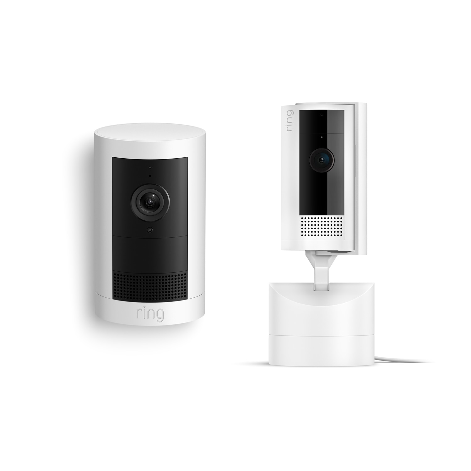 Retail Starter Kit (Outdoor Cam Plus Battery + Pan-Tilt Indoor Cam) - White battery Outdoor Cam Plus and Pan-Tilt Indoor Cam on a white background.