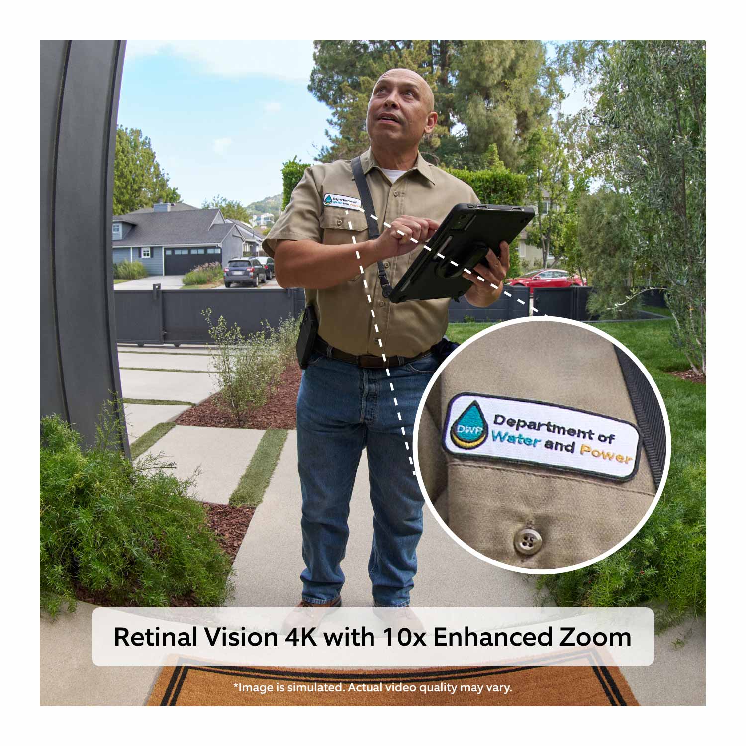 Wired Doorbell Pro (Newest Model) (Featuring Retinal 4K) - A service professional in a tan uniform shirt and jeans holds a clipboard while standing on the walkway. The image includes a zoomed-in circular detail of their uniform patch, and text at the bottom reads 'Retinal 4K with 10X Enhanced Zoom.