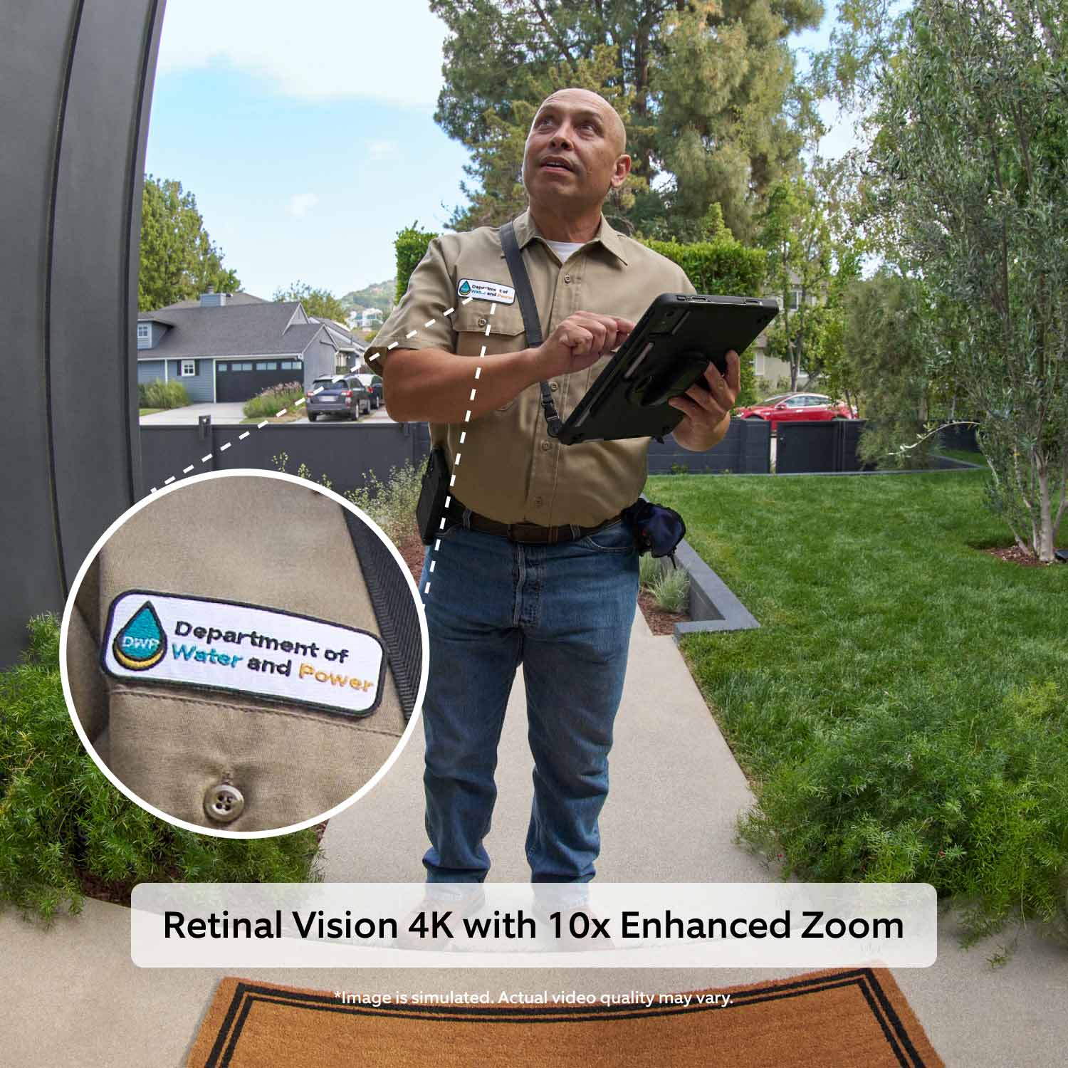 Wired Doorbell Elite (Newest Model) - Simulated image of utility worker at front door seen through doorbell camera. Their badge is zoomed in.