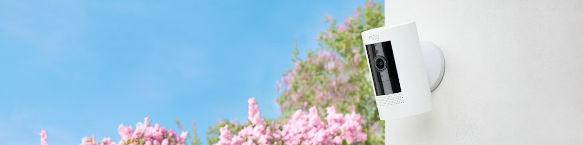 Ring Security Camera mounted against blue sky and pink spring blossoms
