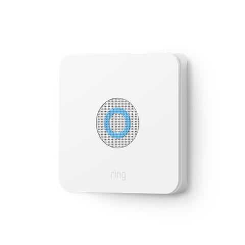 8-Piece Alarm Security Kit + Schlage Connect Smart Deadbolt (for 2nd Generation) - White Ring Alarm Base Station with circular speaker grille and blue light ring.